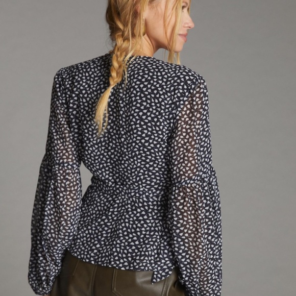 NWT Anthropologie Porridge Puff-Sleeved Black and White Wrap Blouse - Picture 2 of 4